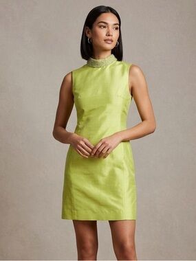 Michael Kors Lime Green Sleeveless Beaded Collar Mini Dress